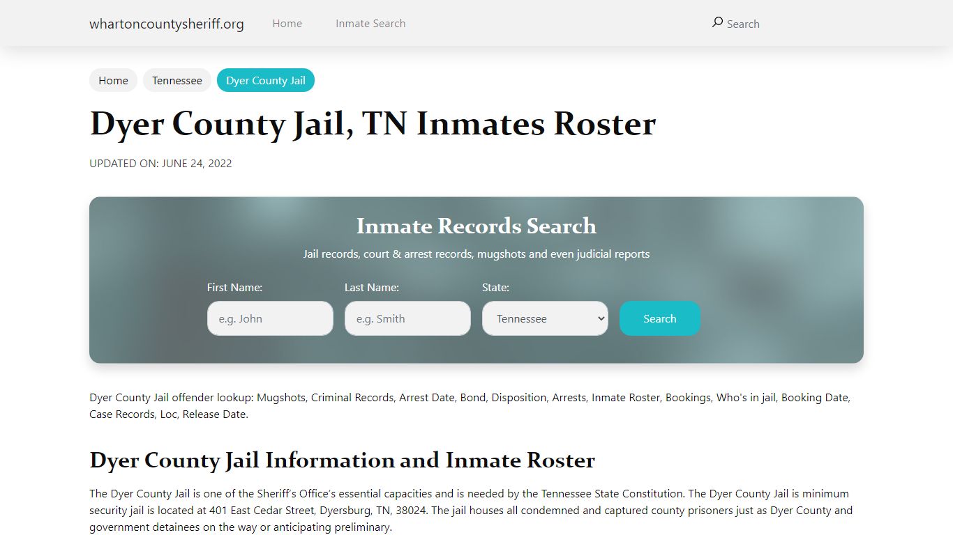 Dyer County Jail, TN Jail Roster, Name Search